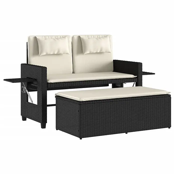 Furnicato Gartenbank PE-Rattan - B x T x H: 122 x 102 x 60 cm, Schwarz und Creme - Schwarzes Rattan-Gartensofa mit cremefarbenen Kissen, ausziehbaren Beistelltischen und passender Aufbewahrungsbank.
