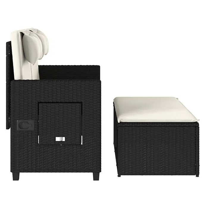 Furnicato Gartenbank PE-Rattan - B x T x H: 122 x 102 x 60 cm, Schwarz und Creme - Schwarzer Rattan-Gartensessel mit cremefarbenem Kissen und passendem Hocker.