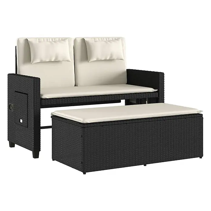 Furnicato Gartenbank PE-Rattan - B x T x H: 122 x 102 x 60 cm, Schwarz und Creme - Schwarzes Rattan 2-Sitzer Sofa mit cremefarbenen Kissen und passendem Rattan-Hocker.