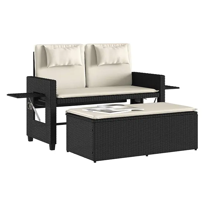 Furnicato Gartenbank PE-Rattan - B x T x H: 122 x 102 x 60 cm, Schwarz und Creme - Schwarzes Rattan 2-Sitzer Outdoor-Sofa mit cremefarbenen Kissen, ausklappbaren Beistelltischen und passender Hocker/Aufbewahrungsbox.