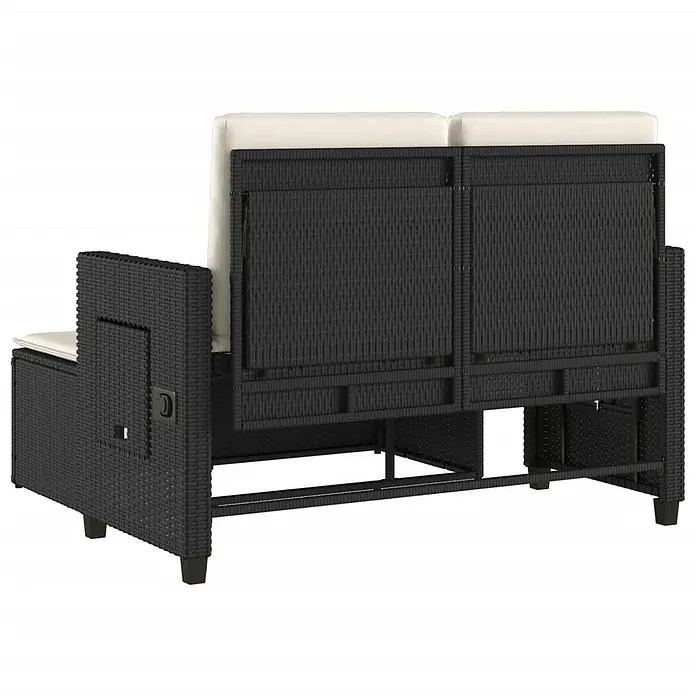 Furnicato Gartenbank PE-Rattan - B x T x H: 122 x 102 x 60 cm, Schwarz und Creme - Schwarzes Rattan-Gartensofa mit cremefarbenen Kissen, Rückansicht. Mit Seitenfach und verstellbaren Rückenlehnen.