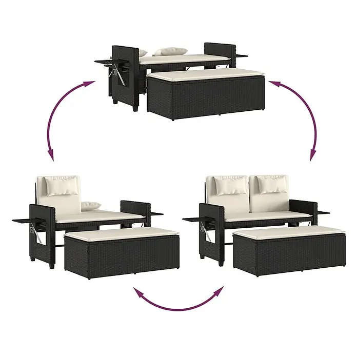Furnicato Gartenbank PE-Rattan - B x T x H: 122 x 102 x 60 cm, Schwarz und Creme - Schwarzes Polyrattan-Gartenmöbelset mit beigen Kissen. Verwandelt sich von einer Sonnenliege mit Stauraum in ein 2-Sitzer-Sofa mit Stauraum.