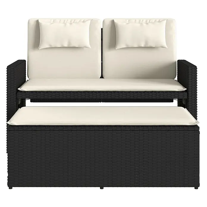 Furnicato Gartenbank PE-Rattan - B x T x H: 122 x 102 x 60 cm, Schwarz und Creme - Schwarzes Rattan-Gartenset mit cremefarbenen Kissen und ausziehbarer Fußbank.