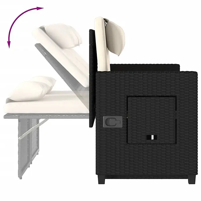Furnicato Gartenbank - B x T x H: 122 x 102 x 60 cm, Schwarz und Creme - Schwarzes Rattan-Gartenssofa mit cremefarbenen Kissen, verstellbarer Rückenlehne und Seitenfach.