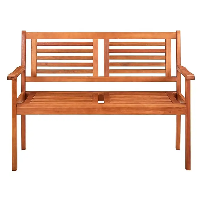 Furnicato Gartenbank Eukalyptusholz geölt - B x T x H: 120 x 60 x 89 cm, Knallgrün - Braune Holzbank für zwei Personen mit Lamellendesign und zentralem Schirmloch.