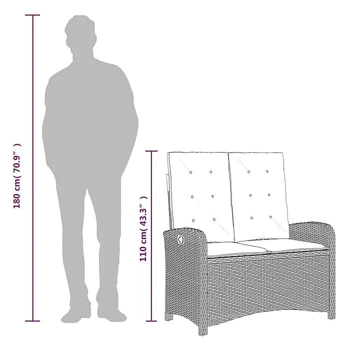 Furnicato Gartenbank - B x T x H: 105 x 86 x 93 cm, Schwarz - Zweisitzer-Gartensofa aus Rattan mit hellen Kissen, 110 cm (43,3") hoch, mit menschlicher Silhouette zum Größenvergleich.