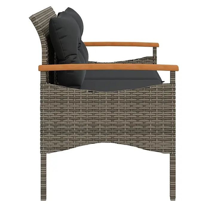 Furnicato Gartenbank PE-Rattan - B x T x H: 116 x 62,5 x 74 cm, Grau - Grauer Rattan-Loungesessel mit dunkelgrauen Kissen und Holzarmlehnen.