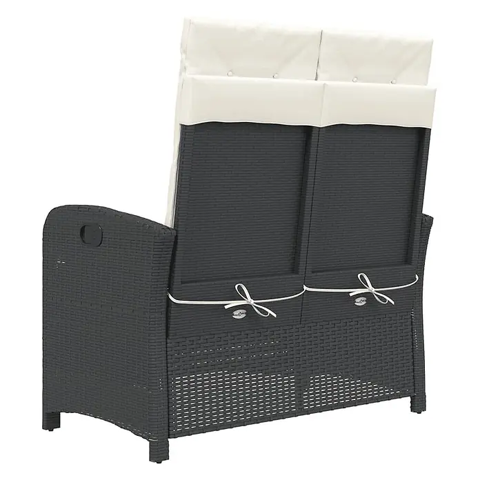 Furnicato Gartenbank PE-Rattan - B x T x H: 105 x 86 x 83 cm, Schwarz und Creme - Rückseite einer dunkelgrauen Rattan-Gartenbank mit zwei weißen Kissen, die mit Bändern befestigt sind.