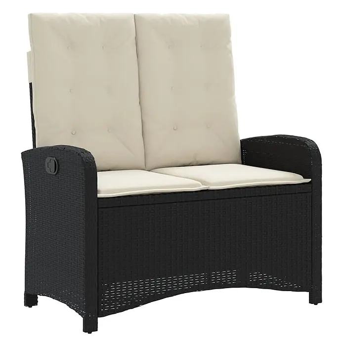 Furnicato Gartenbank PE-Rattan - B x T x H: 105 x 86 x 83 cm, Schwarz und Creme - Zweisitziges schwarzes Rattan-Gartensofa mit cremefarbenen Kissen und verstellbaren Rückenlehnen.