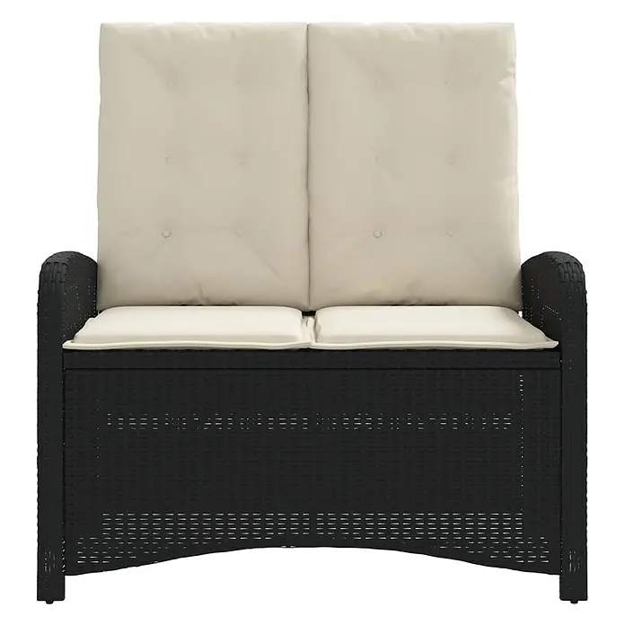 Furnicato Gartenbank PE-Rattan - B x T x H: 105 x 86 x 83 cm, Schwarz und Creme - Schwarze Polyrattan-Gartenbank mit Stauraum für zwei Personen und hohen beigen Kissen.
