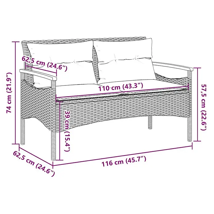 Furnicato Gartenbank PE-Rattan - B x T x H: 116 x 62,5 x 74 cm, Grau - Zweisitzige Outdoor-Rattanbank mit Kissen, 116 cm breit, 62,5 cm tief, 74 cm hoch.