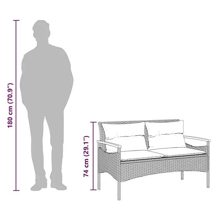 Furnicato Gartenbank PE-Rattan - B x T x H: 116 x 62,5 x 74 cm, Grau - Rattan 2-Sitzer Gartensofa mit Kissen, 74 cm hoch, im Größenvergleich mit 180 cm Person.