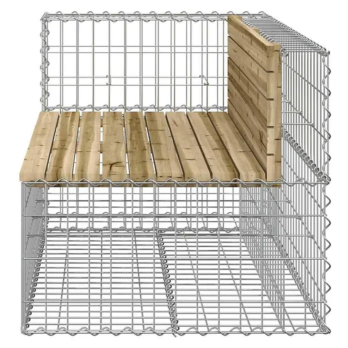 Furnicato Gartenbank - Dunkelbraun - Gabionenbank aus verzinktem Stahlgitter mit hellbrauner Holz-Sitzfläche und Rückenlehne.