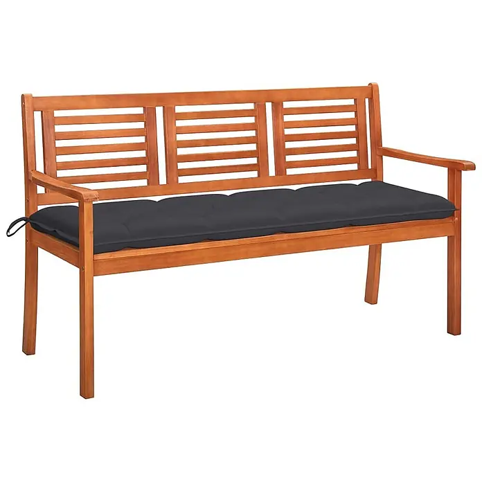 Furnicato Gartenbank Eukalyptusholz geölt - B x T x H: 150 x 60 x 89 cm, Anthrazit - Holzgartenbank mit Lattenrückenlehne und Armlehnen, mit einem langen dunkelgrauen Sitzkissen.