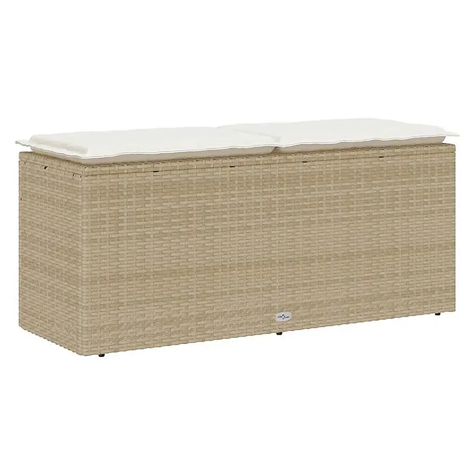 Furnicato Gartenbank - B x T x H: 110 x 40 x 44 cm, Beige und Creme - Beige Polyrattan-Aufbewahrungsbox mit weißen Kissen oben.