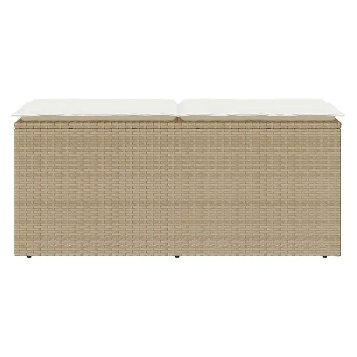 Furnicato Gartenbank - B x T x H: 110 x 40 x 44 cm, Beige und Creme - Beige Outdoor-Aufbewahrungsbox aus Polyrattan mit zwei weißen Sitzkissen.