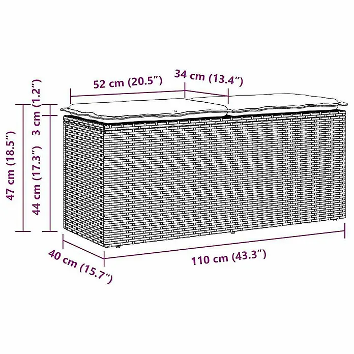 Furnicato Gartenbank - B x T x H: 110 x 40 x 44 cm, Beige und Creme - Rattan-Aufbewahrungsbox mit zwei weißen Kissen und detaillierten Maßen.
