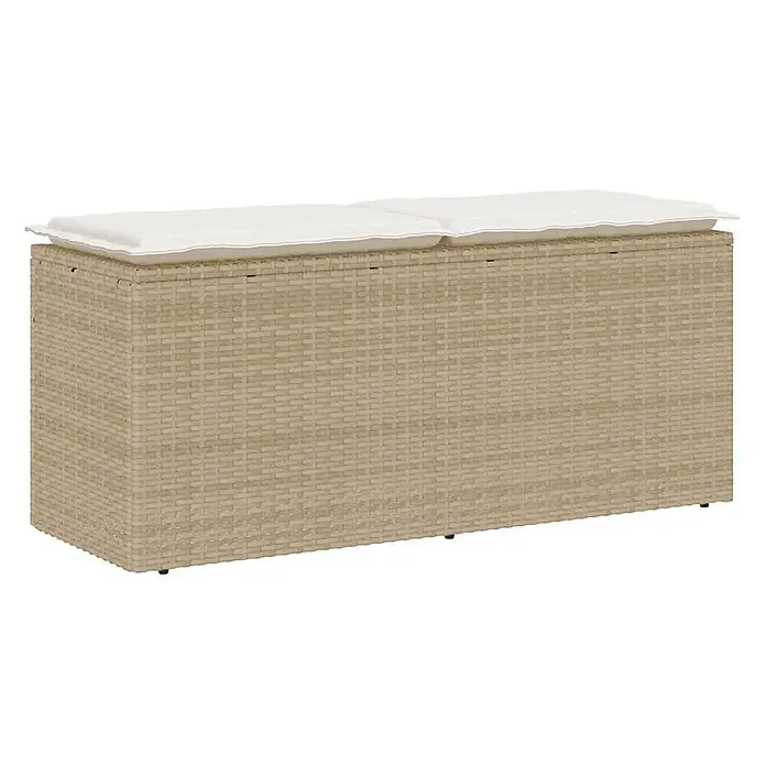 Furnicato Gartenbank - B x T x H: 110 x 40 x 44 cm, Beige und Creme - Hellebeige Rattan-Sitzbank mit Stauraum für den Außenbereich und zwei weißen Kissen.
