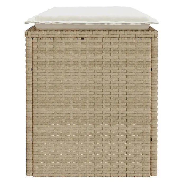 Furnicato Gartenbank - B x T x H: 110 x 40 x 44 cm, Beige und Creme - Hellebraune Rattan-Aufbewahrungsbox mit weißem Kissen, ideal als Outdoor-Ottomane oder Beistelltisch.