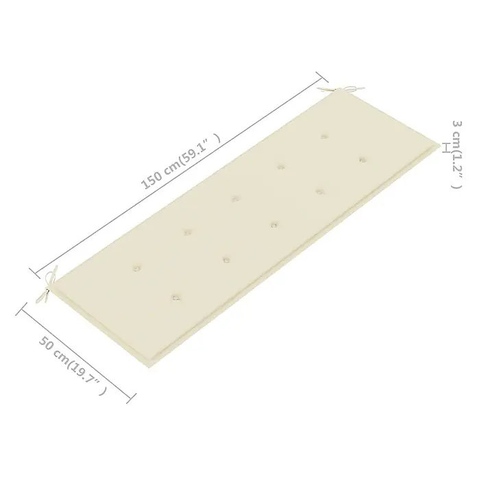 Furnicato Gartenbank Eukalyptusholz geölt - B x T x H: 150 x 60 x 89 cm, Creme - Rechteckiges, cremefarbenes Bankkissen mit Knöpfen und Bändern, 150x50x3 cm.