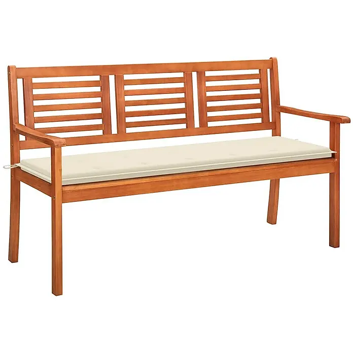 Furnicato Gartenbank Eukalyptusholz geölt - B x T x H: 150 x 60 x 89 cm, Creme - Braune Holzgartenbank mit Lamellendesign und hellbeigem Kissen.