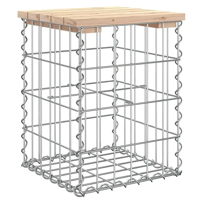 Furnicato Gartenbank Kiefernholz - B x T x H: 33 x 31 x 42 cm, Natürliche Kiefer - Gabionenkorb aus silbernem Metallgeflecht mit heller Holzplatte, ideal als Beistelltisch oder Hocker.