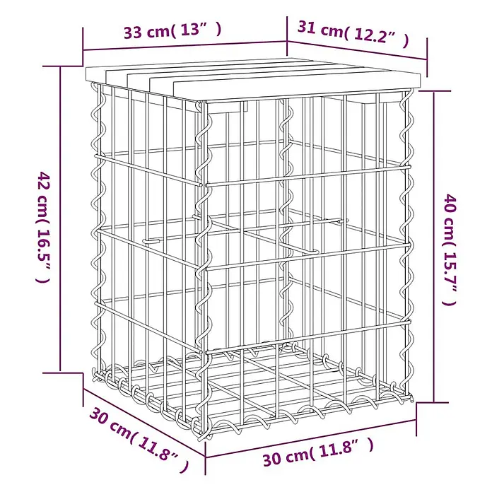 Furnicato Gartenbank Kiefernholz - B x T x H: 33 x 31 x 42 cm, Natürliche Kiefer - Gabionenkorb mit Holzplatte und Maßen.