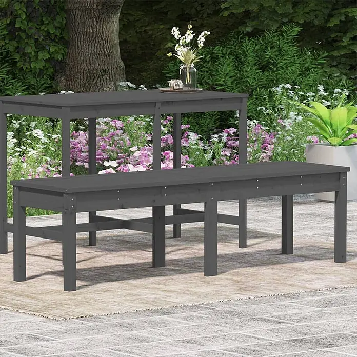 Furnicato Gartenbank - Graue Kiefer - Dunkelgrauer Holzbistrotisch mit passender Bank für den Garten.
