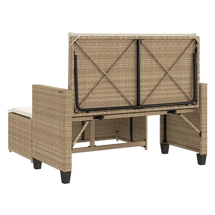 Furnicato Gartenbank PE-Rattan - B x T x H: 122 x 115 x 61,5 cm, Beige und Creme - Beiges Rattan-Gartensofa mit verstellbarer Rückenlehne, Metallrahmen und hellen Kissen.