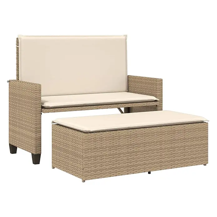 Furnicato Gartenbank PE-Rattan - B x T x H: 122 x 115 x 61,5 cm, Beige und Creme - Beiges Rattan-Gartensofa mit Cremepolstern und passendem Hocker.