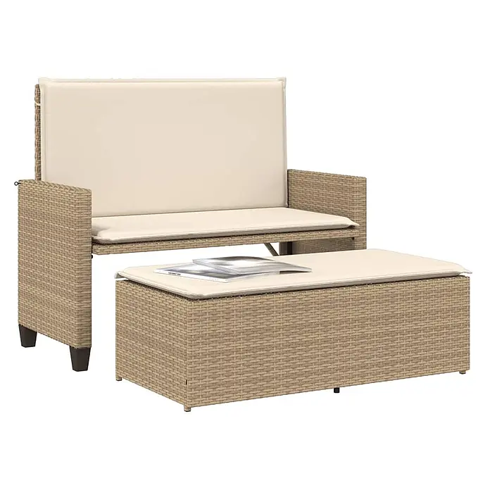 Furnicato Gartenbank PE-Rattan - B x T x H: 122 x 115 x 61,5 cm, Beige und Creme - Hellbraunes Rattan-Gartensofa (2-Sitzer) mit cremefarbenen Kissen und passendem rechteckigem Hocker/Couchtisch.