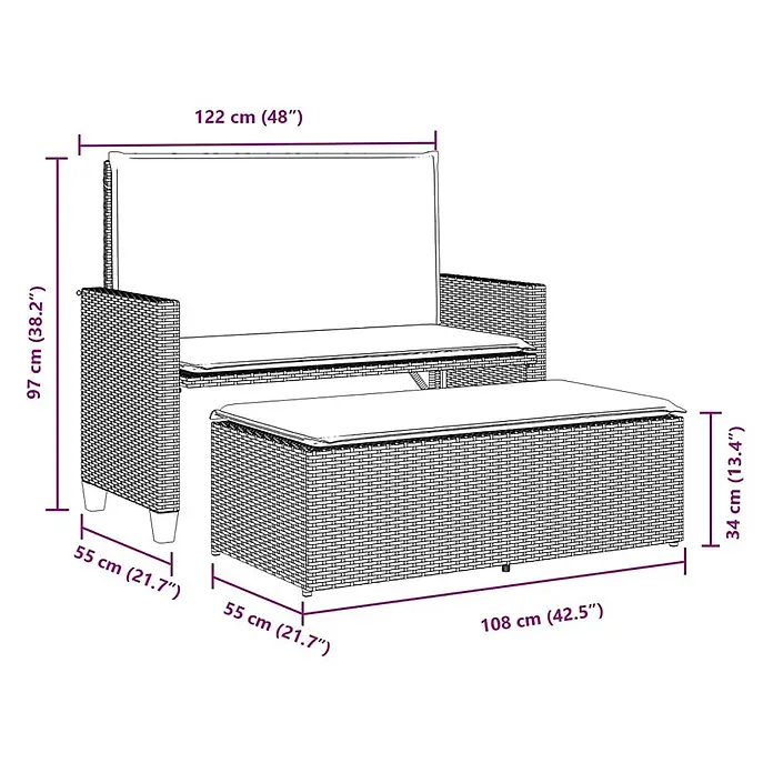 Furnicato Gartenbank PE-Rattan - B x T x H: 122 x 115 x 61,5 cm, Beige und Creme - Schematische Darstellung eines dunklen Polyrattan-Sofa-Sets mit Ottoman und hellen Kissen, inklusive Maße.
