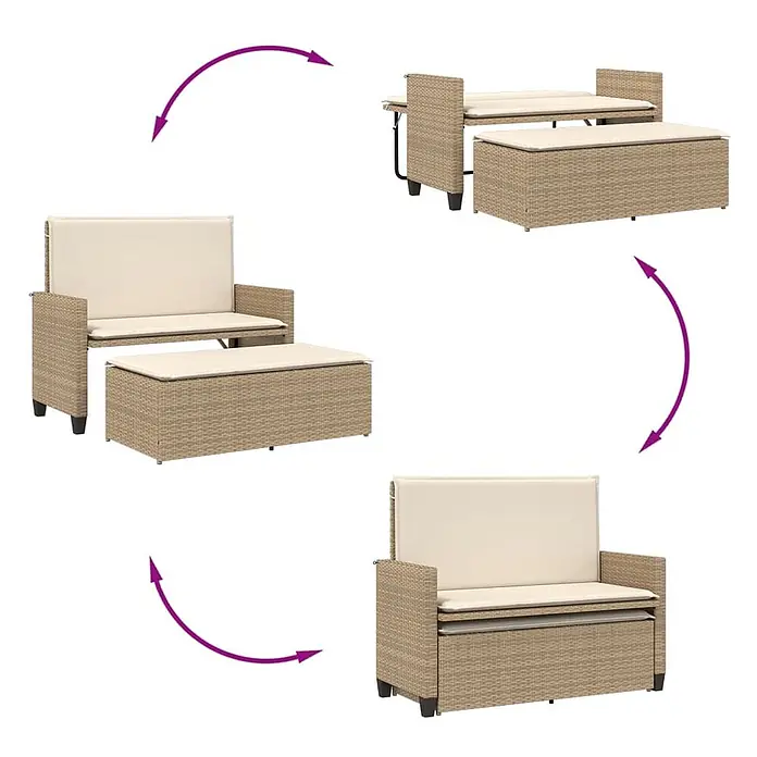 Furnicato Gartenbank PE-Rattan - B x T x H: 122 x 115 x 61,5 cm, Beige und Creme - Verwandlungsfähiges beiges Rattan-Gartenset: Sofa, Ottoman, Esstisch, Bänke und kompakte Aufbewahrung.
