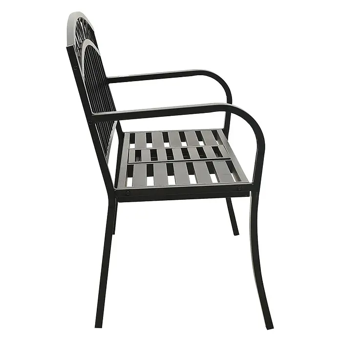 Furnicato Gartenbank pulverbeschichtet - B x T x H: 120 x 51 x 81 cm, Schwarz - Schwarze Metall-Gartenbank mit Lattenrostsitzfläche und Rückenlehne, Armlehnen, Seitenansicht.