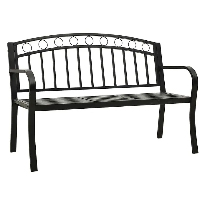 Furnicato Gartenbank pulverbeschichtet - B x T x H: 120 x 51 x 81 cm, Schwarz - Schwarze Metall-Gartenbank mit Armlehnen und gewölbter Rückenlehne mit kreisförmigen und vertikalen Lamellen.