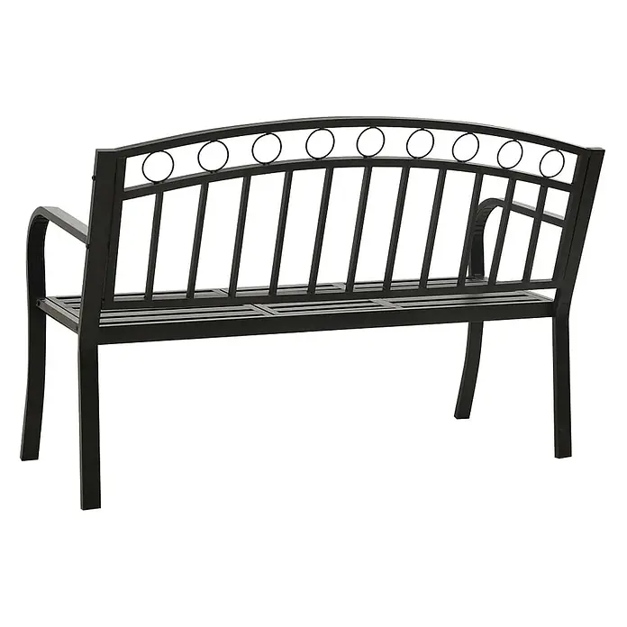 Furnicato Gartenbank pulverbeschichtet - B x T x H: 120 x 51 x 81 cm, Schwarz - Schwarze Metallgartenbank mit gewölbter Rückenlehne, Zierkreisen und Lattenrostsitz für den Außenbereich.