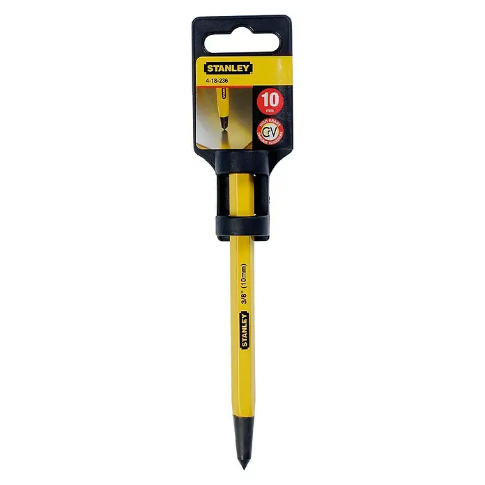 Stanley Punzón - Acero al cromo vanadio - En la imagen se muestra un botador cilíndrico Stanley amarillo, 3/8" (10 mm), empaquetado en un colgador de plástico. Una herramienta útil para aficionados al bricolaje y profesionales.