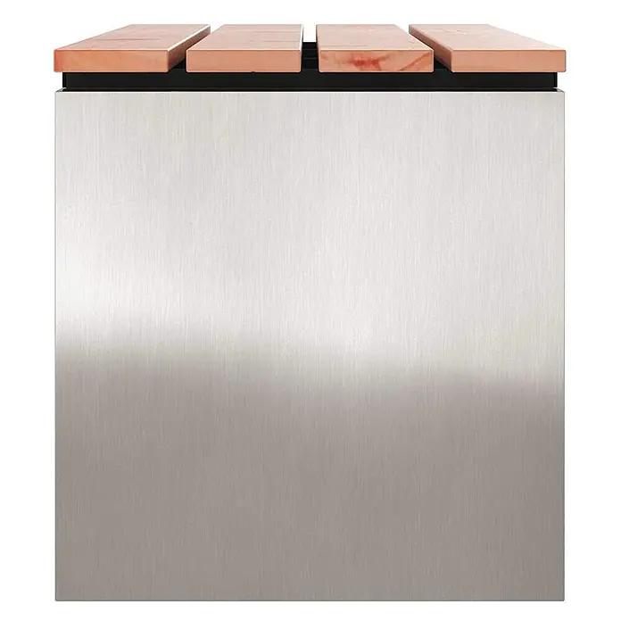 Furnicato Gartenbank - B x T x H: 40 x 40 x 43 cm, Edelstahl - Edelstahlblock mit vier rötlichen Holzlatten oben, möglicherweise eine Gartenbank oder ein Pflanzgefäß.