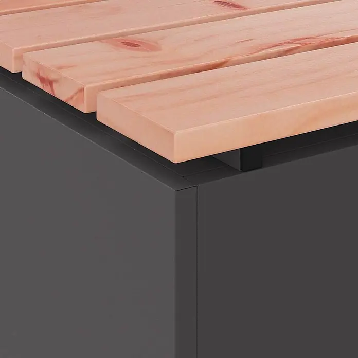 Furnicato Gartenbank Douglasienholz lackiert - B x T x H: 40 x 60 x 43 cm, Schwarz - Dunkelgraue Aufbewahrungsbox/Bank mit heller Holzlattenplatte.