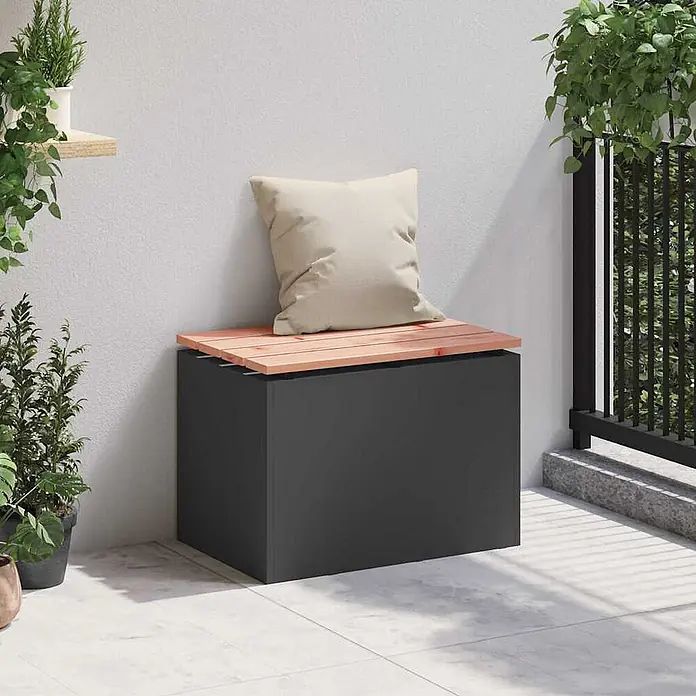 Furnicato Gartenbank Douglasienholz lackiert - B x T x H: 40 x 60 x 43 cm, Schwarz - Dunkelgraue Outdoor-Aufbewahrungsbank mit Holzlattenplatte und hellem Kissen, ideal für Balkon-Sitzgelegenheiten.
