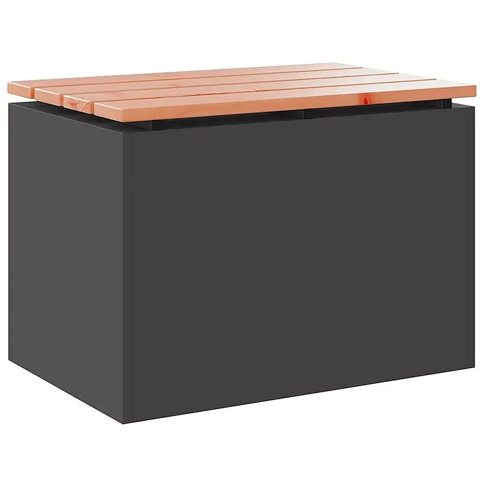 Furnicato Gartenbank Douglasienholz lackiert - B x T x H: 40 x 60 x 43 cm, Schwarz - Dunkelgraue Aufbewahrungsbox mit hellbraunem Holzlatten-Deckel.