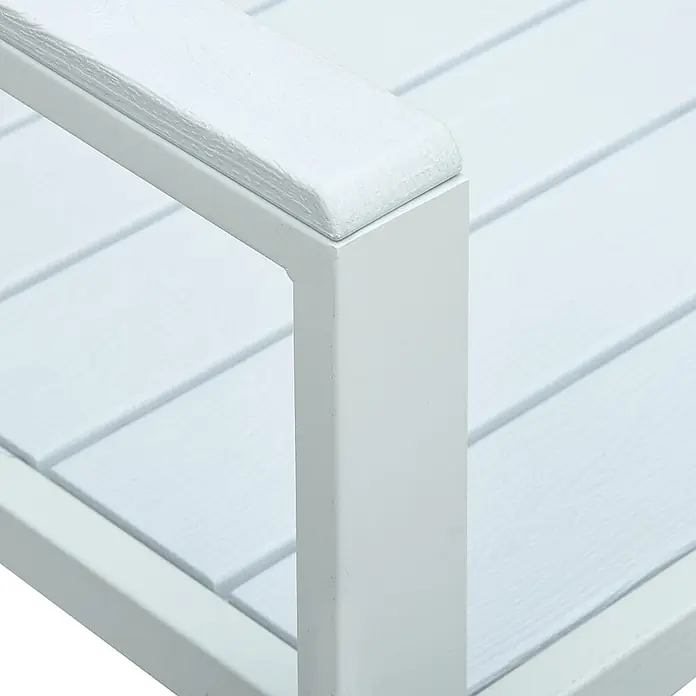Furnicato Gartenbank HDPE Holz-Optik - B x T x H: 120 x 64 x 78 cm, Weiß - Weiße Outdoor-Möbelarmlehne mit Lattenrost-Verbundoberfläche und Metallrahmen.