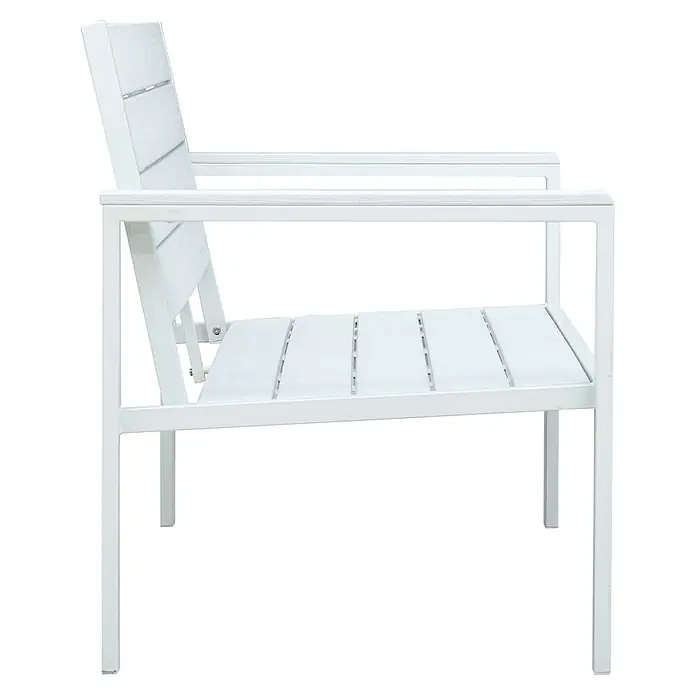 Furnicato Gartenbank HDPE Holz-Optik - B x T x H: 120 x 64 x 78 cm, Weiß - Weißer Outdoor-Sessel mit Lamellensitz und -rückenlehne, mit klarem Metallrahmen.