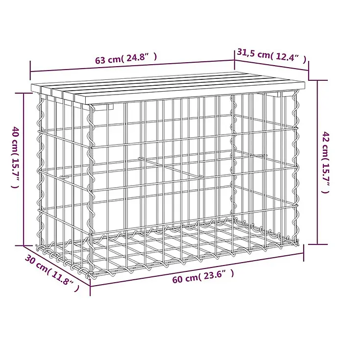 Furnicato Gartenbank Kiefernholz - B x T x H: 63 x 31,5 x 42 cm, Natürliche Kiefer - Drahtgeflecht-Gabionenkorb mit Lamellenabdeckung, Maße angegeben.