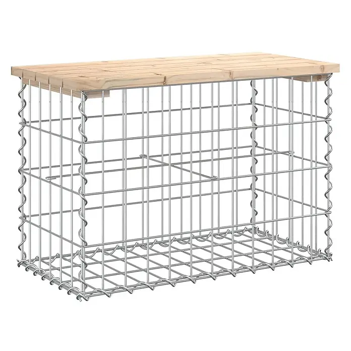 Furnicato Gartenbank Kiefernholz - B x T x H: 63 x 31,5 x 42 cm, Natürliche Kiefer - Rechteckiger Gabionenkorb aus silbernem verzinktem Stahldraht, mit heller Holzlattenabdeckung.
