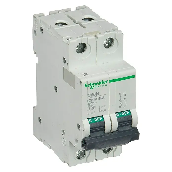 Schneider Electric Magnetotérmico automático ICPM - C, 25 A, 6 kA, 2 ud. - Un interruptor automático en miniatura doble, blanco Schneider Electric C60N ICP-M 25A con palanca negra en la posición de apagado.