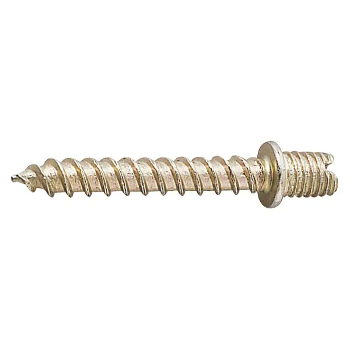 Tornillo para abrazaderas y clips M6x40mm - 20 ud. - Primer plano de un tornillo dorado para madera con punta afilada y cabeza ancha, ideal para carpintería y construcción.