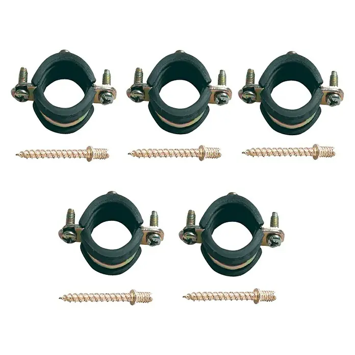 Set abrazaderas isofónicas - Diámetro: 28 mm, 5 ud. - Primer plano de cinco abrazaderas de tubo con tornillos, utilizadas para sujetar de forma segura tuberías y cables en diversas aplicaciones.