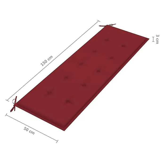 Furnicato Gartenbank Eukalyptusholz geölt - B x T x H: 150 x 60 x 89 cm, Weinrot - Dunkelrotes, getuftetes, rechteckiges Bankkissen, 150x50x3 cm, mit Bändern zur Befestigung.