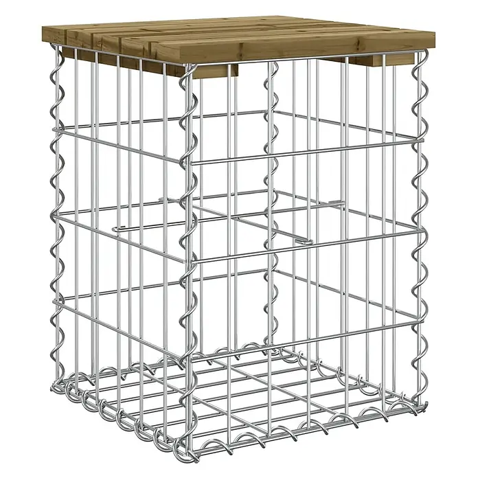 Furnicato Gartenbank Kiefernholz imprägniert - B x T x H: 33 x 31 x 42 cm, Imprägniertes Kiefernholz - Silberner Draht-Gabionenkorb mit brauner Holzplatte, geeignet als Gartentisch oder Hocker.